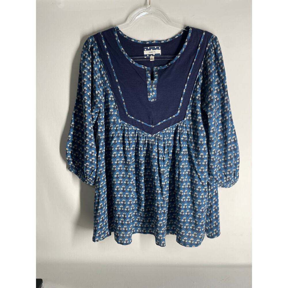 Comme Toi Blue Printed 3/4 Sleeve Blouse Boho Peasant Top Size Small NEW